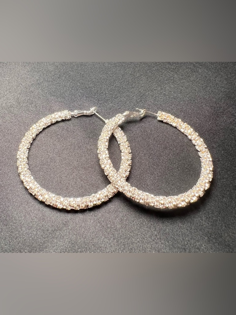 Silver Tone Rhinestone Hoop Earrings 2” Large Sparkly Statement